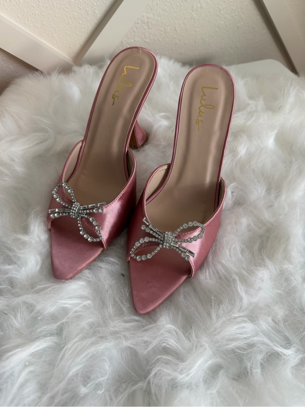 Lulu's Rose Satin Crystal Bow Pointed Mules